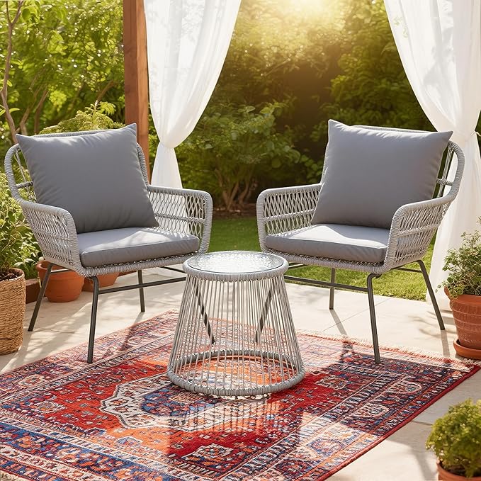 Bezseller 3-Piece Outdoor Patio Set - 20" Wide Seating w/ 2" Thick Cushions, 14.2" Seat Height - Modern Boho Furniture for Gardens, Balcony & Apartments