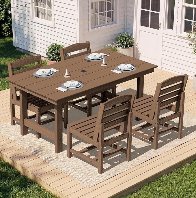SERWALL Patio Dining Sets for 6 Person, HDPE Dining Set with 6 Armless Chairs, Brown - Image 7