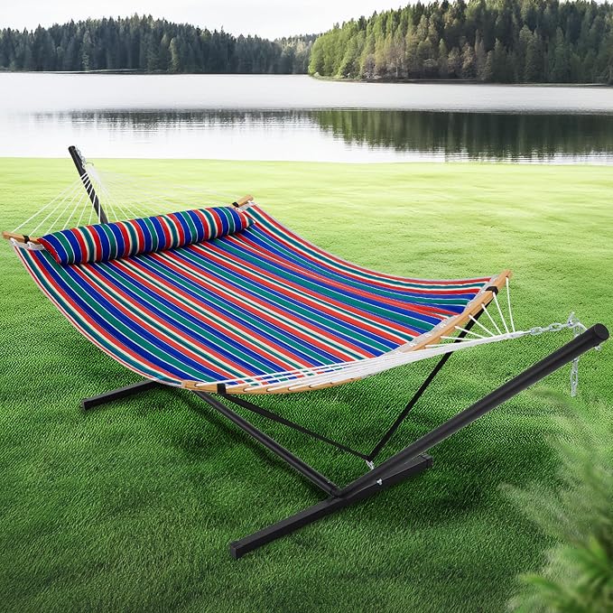 SUPERJARE Curved-Bar Hammock with Stand, 2 Person Heavy Duty Hammock Frame, Detachable Pillow & Portable Carrying Bag, Perfect for Outdoor & Indoor, Retro Blue and Green - Image 2