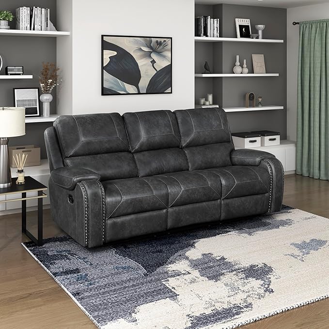 Lexicon Modern Double Recliner Sofa, Faux Leather Reclining Sofa with Nailhead, Center Drop-Down Cup Holders, Receptacles, USB Ports, Manual Recliner Couch Sofa for Living Room/Office/Apartment, Grey