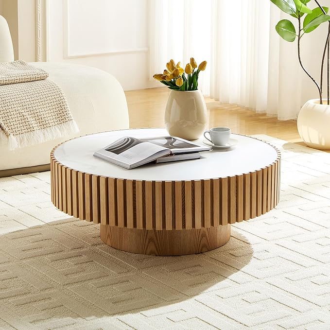 Round Coffee Table, 35.43" Circle Sintered Stone Tabletop, Modern Wood Fluted Coffee Table for Living Room Apartment, Easy Assembly (Oak)