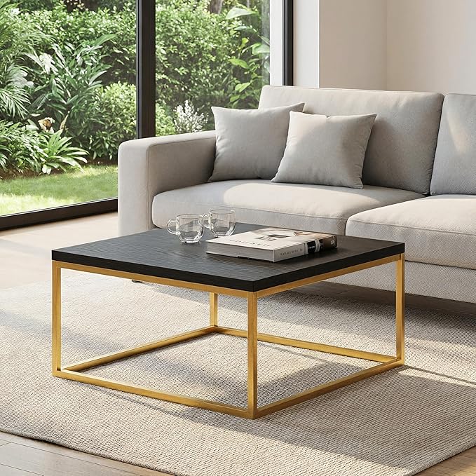 CENSI 30" Square Coffee Table, Black Oak & Gold Living Room Center Table, Modern Industrial Glam Style, Extra Thick 1.2" Wood Top, Sturdy Metal Frame, Luxury Cocktail Table, Easy Assembly