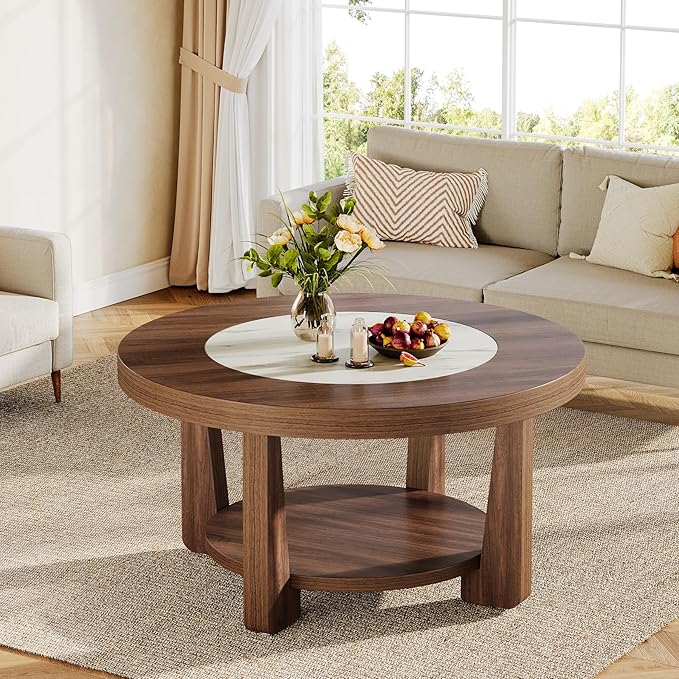 Tribesigns Coffee Table, 2-Tier Round Coffee Table with Heavy-Duty Wood Tabletop for Living Room, Industrial Circle Wood Accent Center Table with Storage, Brown and White