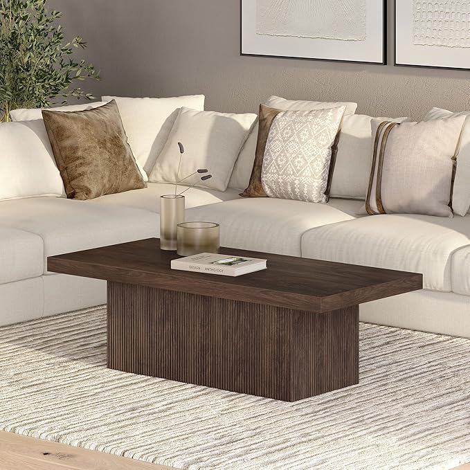 Henn&Hart 48" Fluted Low-Profile Coffee Table with Ribbed Base for Living Room, Family Room, or Office, Warm Brown