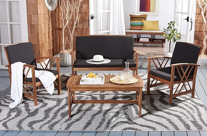 SAFAVIEH Outdoor Collection Fontana Natural/ Black Cushions 4-Piece Conversation Patio Set