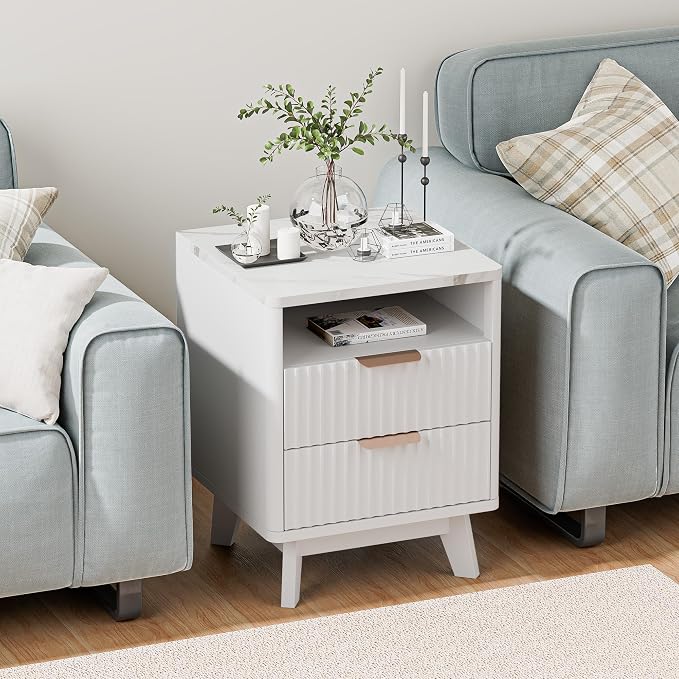 White Nightstand with 2 Drawers, 18" Modern Night Stand with Faux Marble Top, Open Storage Shelf, Fluted Bedside Table for Bedroom, End Table Side Table - Image 5