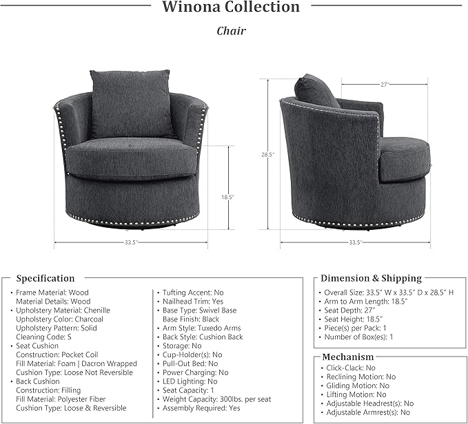 Lexicon Living Room Furniture Set, Modern Couches for Living Room, Chenille Upholstered Couch Set, Including Sofa, Loveseat and Lounge Chair with Solid Wood Frame, 3-Piece Set, Charcoal