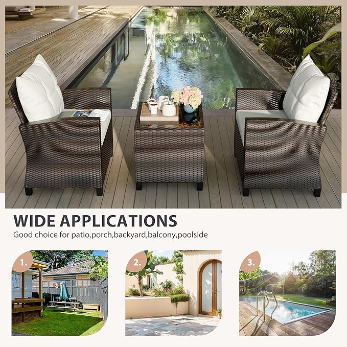 Vongrasig 3 Pieces Patio Furniture Set Small Outdoor Wicker Rattan Front Porch Bistro Set Cushioned Patio Chairs Conversation Set with Glass Table for Lawn, Garden, Backyard, Balcony, Beige