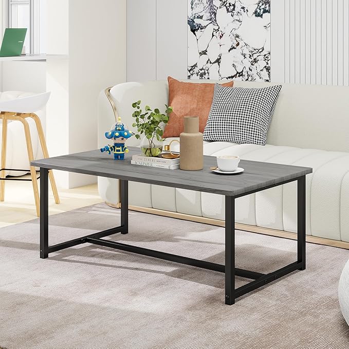 35.4" Rectangular Coffee Table for Living Room, Modern Industrial Style Coffee Table Center Table with Metal Frame for Small Space, Apartment, Office, Easy Assembly, Grey