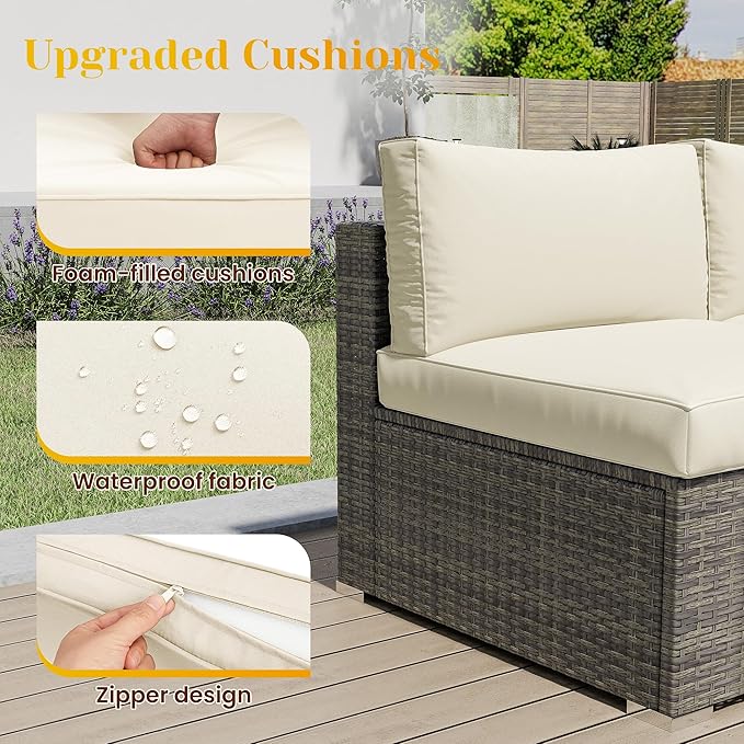 SUNVIVI OUTDOOR Outdoor Patio Furniture Set, 5 Piece Patio Conversation Set, Waterproof Wicker Patio Furniture Set, All Weather Combination Patio Conversation Sets with Cushions and Glass Table, Beige