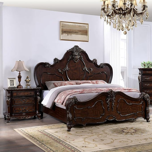 Furniture of America Eugene Traditional Solid Wood 3-Piece Bedroom Collection with Bed Frame and 3-Drawer Nightstands Set of 2, Box Spring Required, Dark Cherry, King