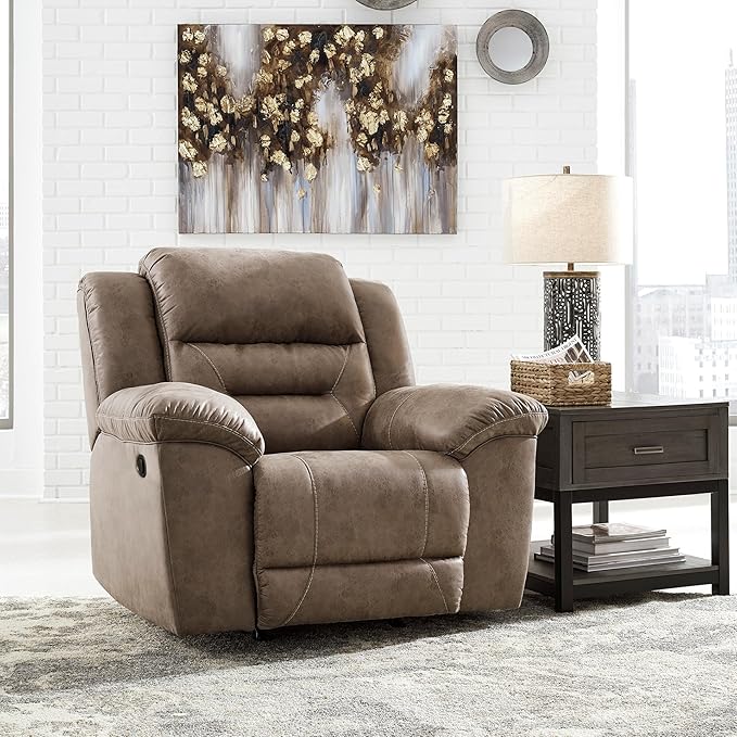 Signature Design by Ashley Stoneland Modern Power Recliner with Gentle Rocking Motion, One-Touch Power Control, Faux Leather, 20.5" Seat Height, Brown