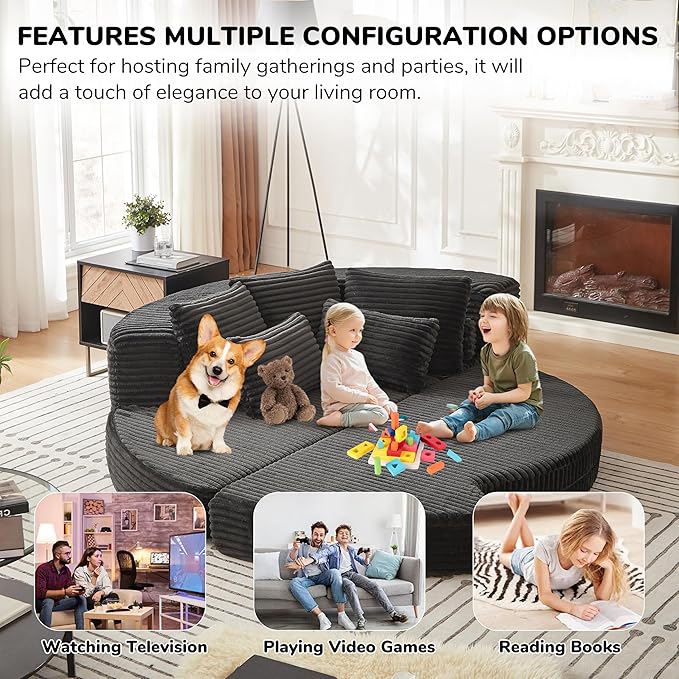 ERYE Oversized Round Sofa Chaise Daybed Comfy Corduroy Couch Boneless Sleeper Recliner Sofabed with 10 Pillows and Headrests