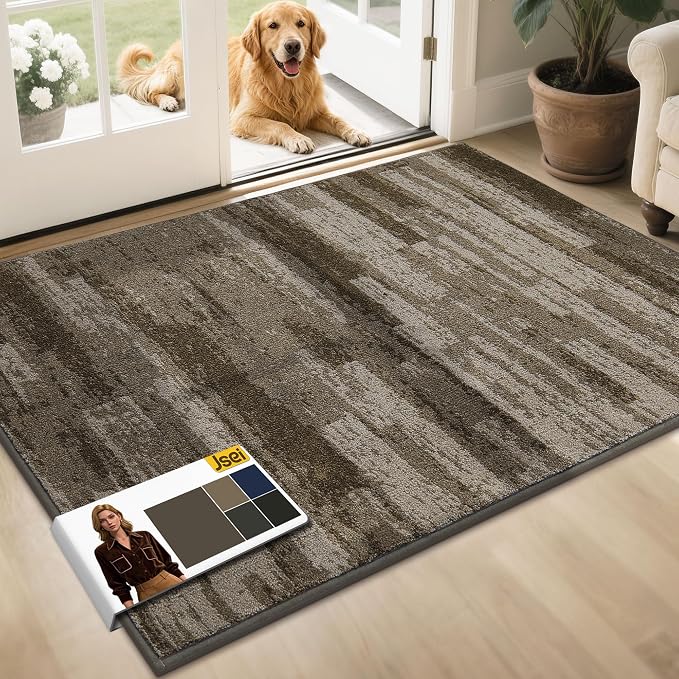 JSEI Dirt Trapper Door Mat 32"x48", Non-Slip Doormats Washable Entryway Mat, Welcome Floor Mat Absorbent Low Profile Dog Door Mats for Front Back Door, Wet Shoes & Paws, Brown by JSEI