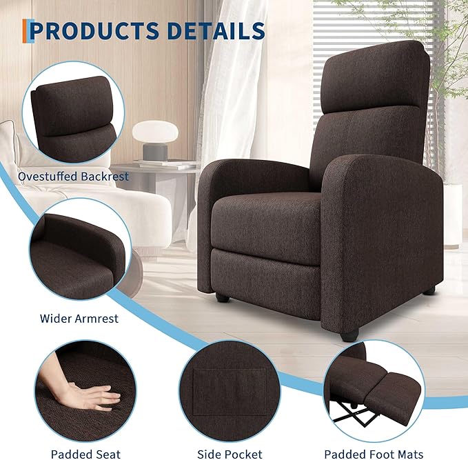 Garvee Recliner Chair for Adults, PU Leather Lazy Recliner Ergonomic Adjustable Single Sofa Enhanced with Side Pocket, Tall Back, Wide Arms & Padded Seat, Home Theater Seating for Living Room
