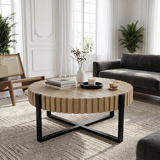 Christopher Knight Home Sol 31.5'' Modern Round Coffee Table, Indoor Living Room Side Table, Wooden End Table with Cross Metal Base, Unique Gear Motifs and Fluted Edges, Black + Natural