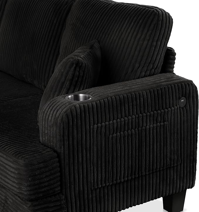 Homes: Inside + Out Reese Modern Plush Chenille Couch with Side Pockets, Cup Holders and USB Ports, Wooden Comfortable Sofa for Living Room, Bedroom and Office, Black