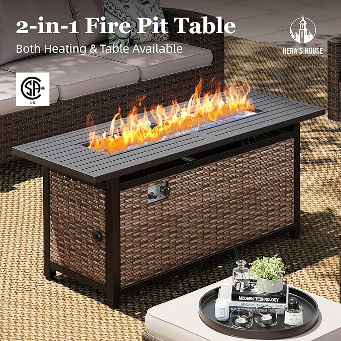 HERA'S HOUSE Wicker Patio Furniture Set with Fire Pit Table, Outdoor Rattan Conversation Sofa Sets for Lawn Yard