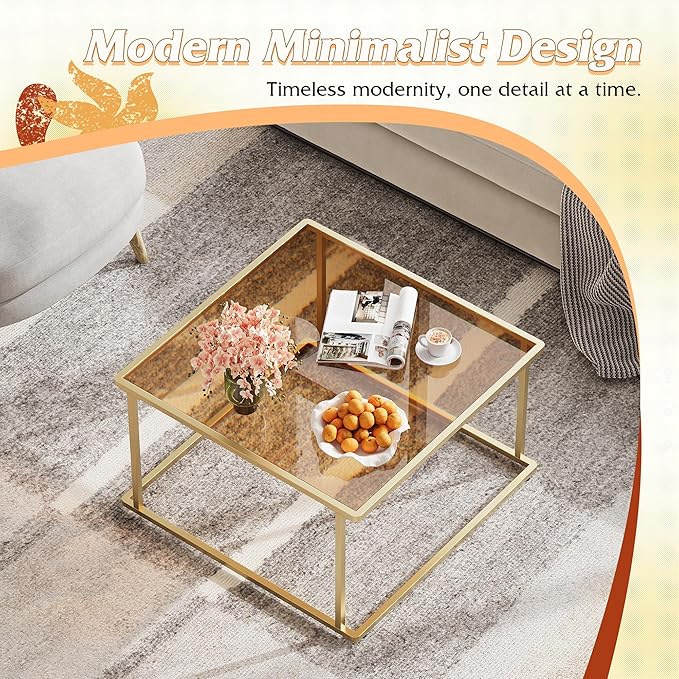 WLIVE Coffee Table, Glass Coffee Table for Living Room, Modern Small Coffee Table with Tempered Glass & Metal Frame, Square Center Table for Small Spaces Apartment, Office, 26.4 x 26.4in, Gold