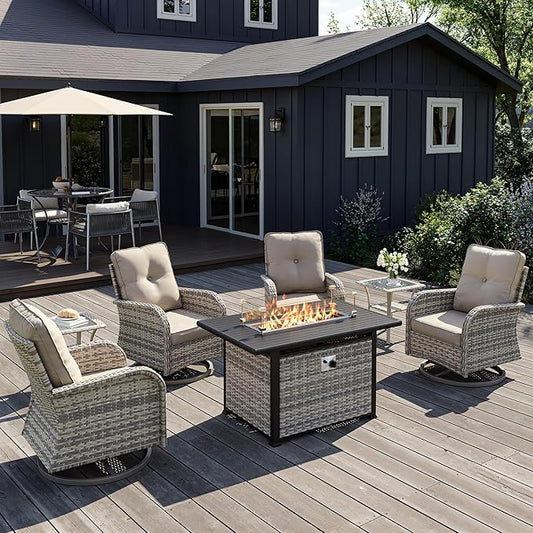 7Pcs Patio Rocking Swivel Chair with 55,000 BTU Fire Pit Table Outdoor Wicker Rattan Bistro Set with Tempered Glass Side Table, Outdoor Patio Furniture Set for Garden and Balcony, Beige