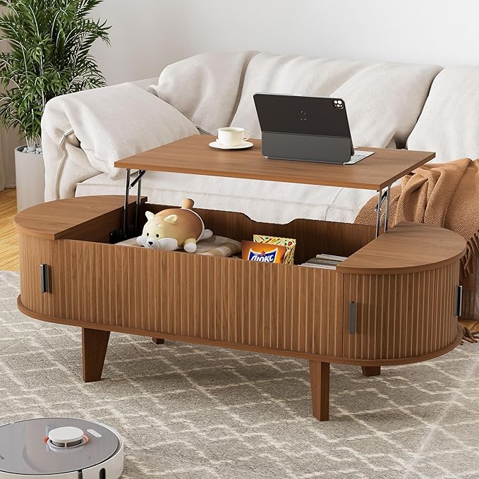 Oval Coffee Table with Storage, 47.2" Fluted Lift Top Coffee Table with 180° Sliding Tambour Door, Mid Century Modern Center Table for Living Room, Office, Cafe, Walnut