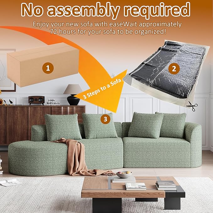 112" Modern Cloud Sectional Sofa, Chenille 4-Seater Curved Couch with 4 Pillows, Extra Deep & Wide Seat, No-Assembly Compressed Upholstered Living Room Sofa for Bedroom,Apartment,Green Right