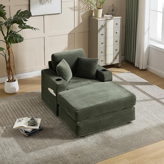KEIKI Oversized Accent Chair with Ottoman, Chaise Lounge Chair Indoor with Cupholders, Oversized Sofa Bed, Deep Seat Sleeper Couch Reading Chairs for Living Room, Dark Green