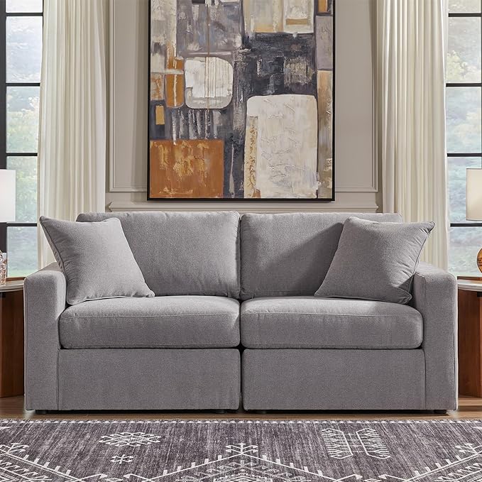 Signature Design by Ashley Modmax Casual Modular Stain Resistant 2-Piece Loveseat with Removable Covers and 2 Accent Pillows, Light Gray