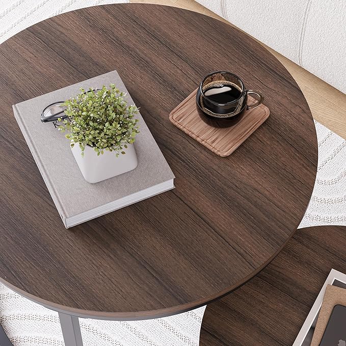HOJINLINERO Round Coffee Table,Nesting Coffee Table Set of 2,Center Tables for Living Room,Office, Home Small Space,Stacking Side Tables,Sturdy and Easy Assembly,Wood Desktop,Walnut+Black,Large