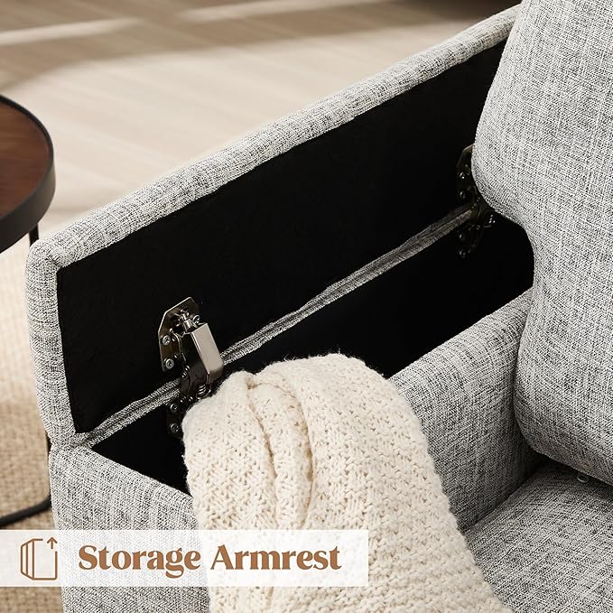 Oversized Accent Chair with Armrest Storage, Modern Upholstered Reading Living Room Chairs, Comfy Large Armchair, Fabric Single Sofa Chair for Bedroom (Light Grey)