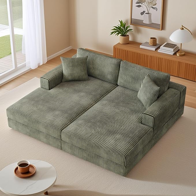 69-inch Oversized Chaise Recliner Lounge Deep Seat Upholstered Sleeper Daybed with 4 Pillows,Soft Corduroy Loveseat Double Chaise Sofa Couch Extra Wide Sleeper Chair Sofabed for Living Room Bedroom