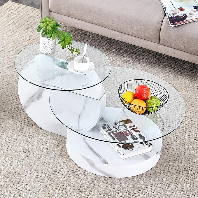 35.4" Glass Coffee Table, Round Coffee Table, 2-Tier Tempered Glass Tabletop with White Faux Marble Base, Modern Center Table for Living Room, Home, Apartment, Ideal for Small Space