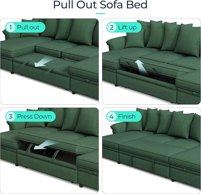 LINSY HOME Oversized Sectional Sleeper Sofa with Pull Out Couch Bed (Green, 118.5'') | USB Charging, Pillow-style Armrest, Multiple Cushions, Storage Chaise, Corduroy Fabric