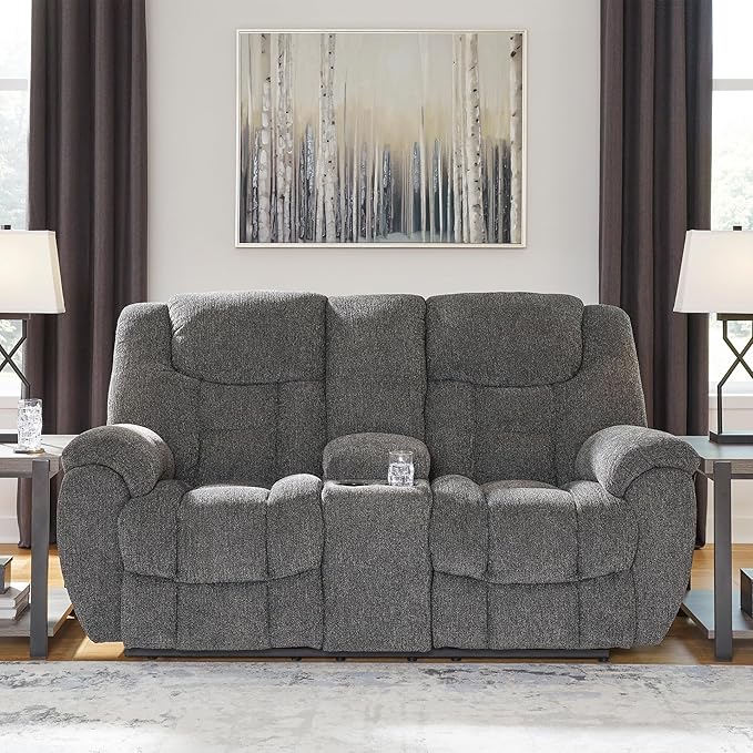 Signature Design by Ashley Foreside Contemporary Stain Resistant Manual Double Reclining Loveseat with Console, Storage and Cup Holders, Gray