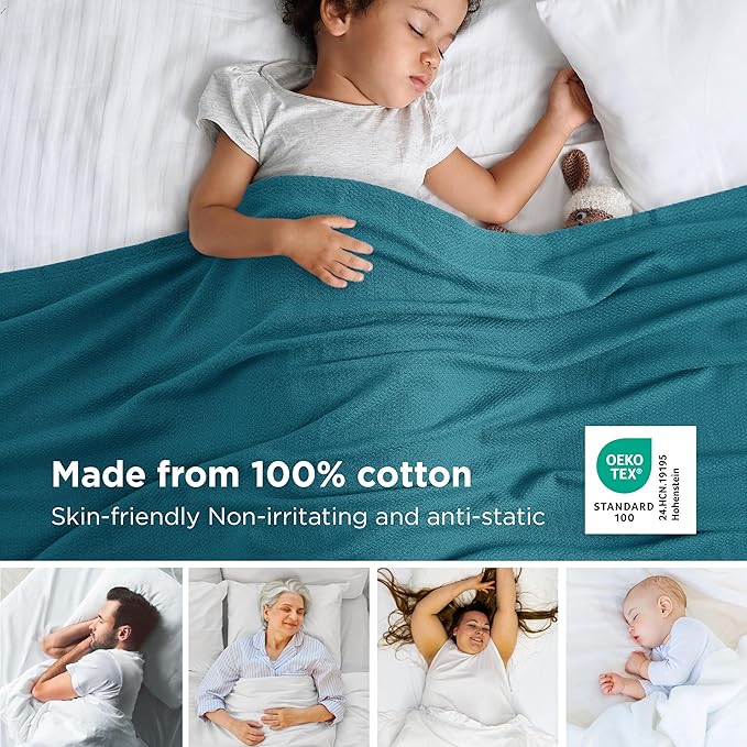 Bedsure GentleSoft 100% Cotton Blanket Twin XL Size for Bed - Breathable and Lightweight, Soft Cozy Textured Herringbone Woven Summer Blanket for College Dorm, Teal, 66x90 inches