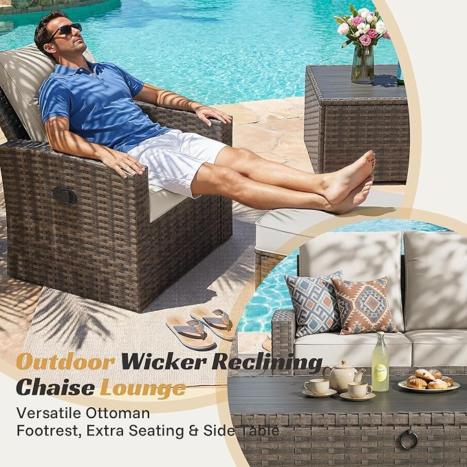 Outdoor Patio Furniture Set, 6 Piece Outdoor Wicker Rattan Sectional Sofa Conversation Sets with Adjustable Recliner Chairs, and Storage Coffee Table for Garden Porch Deck,White
