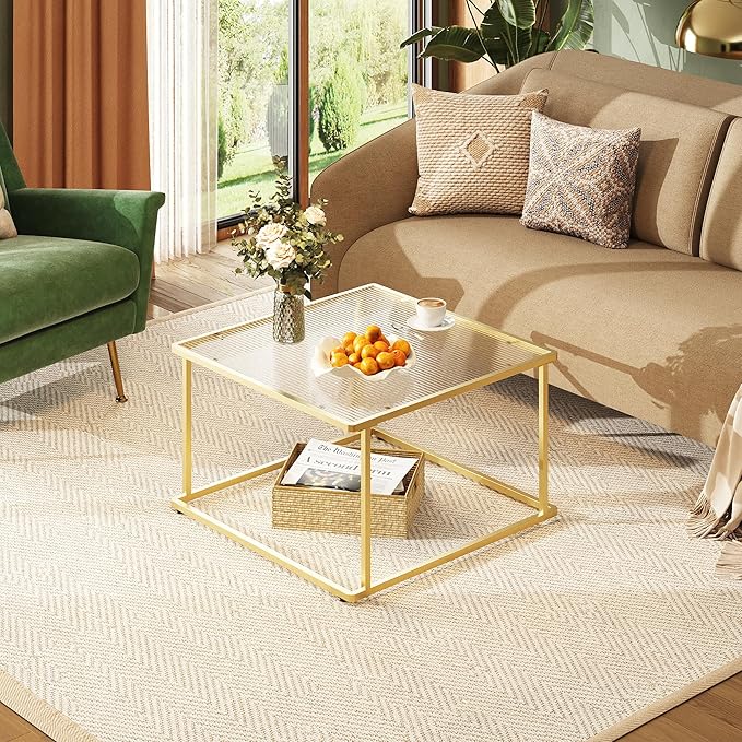 WLIVE Glass Coffee Table, Small Modern Coffee Table for Living Room with Wave Textured Glass & Metal Frame, Square Center Table for Small Spaces Apartment, Office, 26.4 x 26.4in, Gold