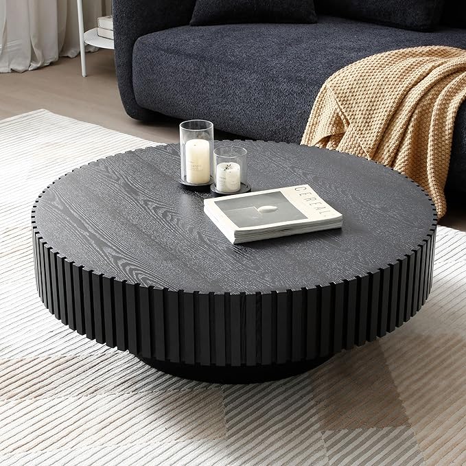 39.37" Round Wood Coffee Table, Modern Unique Circle Coffee Table, Contemporary Oak Drum Fluted Accent Side Table Center Table for Living Room, Office, Apartment, Black