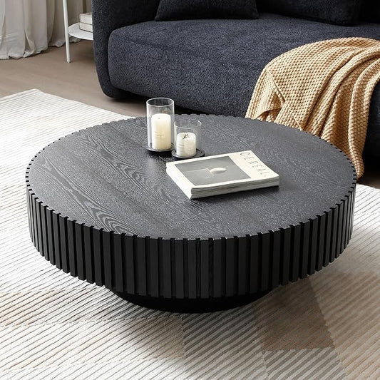WILLIAMSPACE 35.43" Black Round Coffee Table, Modern Luxury Wood Circle Drum Center Table for Living Room, Accent Side End Table for Apartment, ø35.43" x 13.77"H (Black)