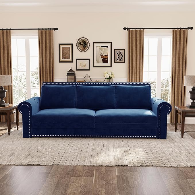 Eafurn 93.7" King Size Pull Out Sofa Bed, 3-in-1 Convertible Sleeper Sofa Couch Bed with Nailhead Decor and Rolled Arms, Velvet Oversized Chesterfield Loveseat Chaise Lounge