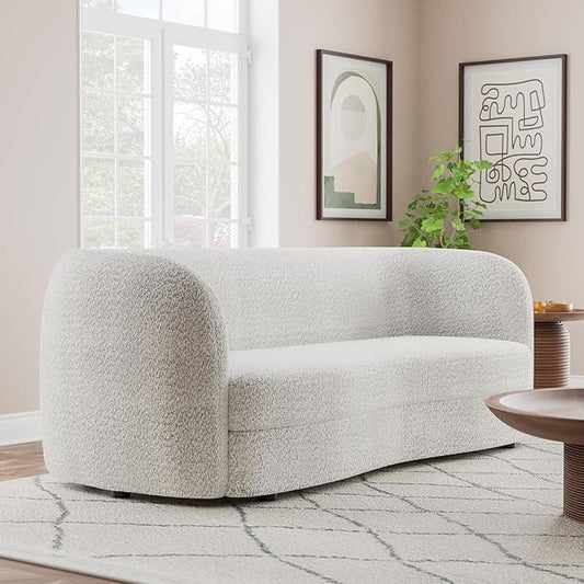 Furniture of America Nimiane Modern Boucle Sofa with Curved Arms and Wooden Legs, Comfy Fabric Upholstered 3 Seater Couch for Living Room, Bedroom, Home Office, Off-White