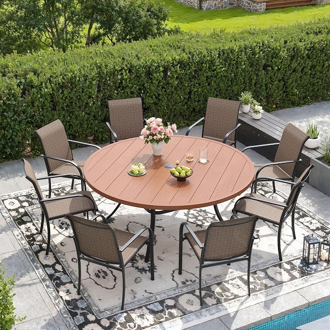 DIFY Outdoor Dining Set for 8, Patio Dining Furniture Set Includes 53" Walnut Round Table with Adjustable Umbrella Hole and 8 Brown Stackable Metal Chairs for Poolside, Garden, Backyard by DIFY