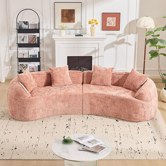 109-Inch Curved Boneless Sofa Couches Compressed 4-Seat Foam Couch for Living Room Bedroom, Boneless Modular Cloud Sofa Curved Floor Couch with 4 Pillows, No Assembly
