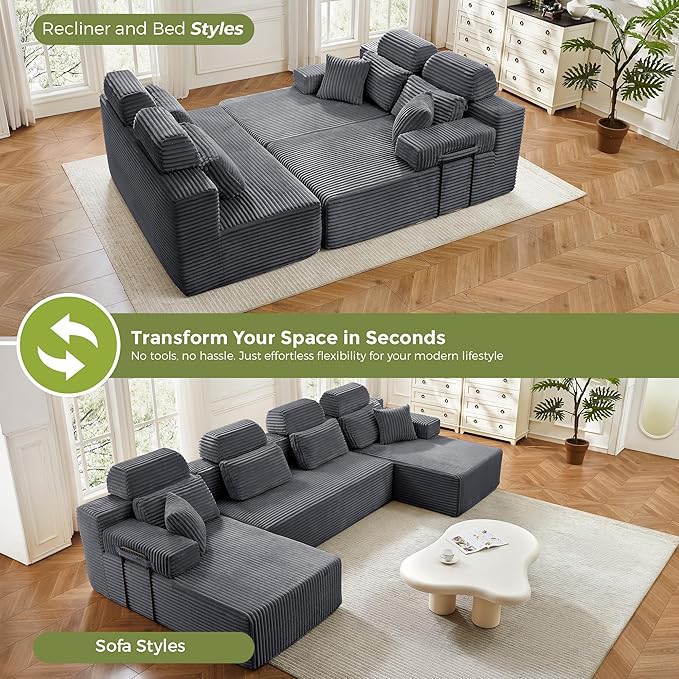 141" U-Shaped Cloud Modular Sectional Sofa with Chaise & Headrest, Boneless Deep Seat Plush Corduroy Couches for Large Living Room, No Assembly Required (Dark Gray, 141" U-shapred Chaise)