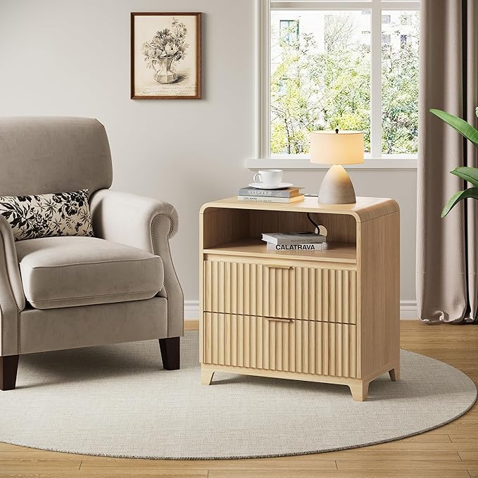 3 Piece Bedroom Furniture Set 6 Drawer Fluted Dresser & 2 Nightstand Sets with Metal Handle, Charging Station & Storage Cabinet, Modern Design for Bedroom/Living Room, Natural