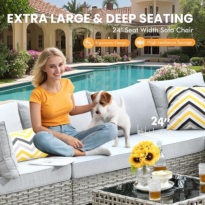 Outdoor Sectional Patio Furniture Set with Glowing Table,7 Pieces Wicker Conversation Sets L Shaped Couch Out Door Sofa Set Outside Furniture for Garden Deck Yard Porch,Grey