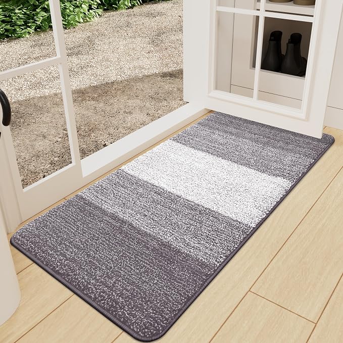 Kitinjoy Indoor Outdoor Door Mat, 47x24 Non-Slip Absorbent Dirt Trapper, Low-Profile Washable Inside Entrance Front Floor Mat, Sturdy Soft Entry Doormats for Entryway, Light Grey by Kitinjoy