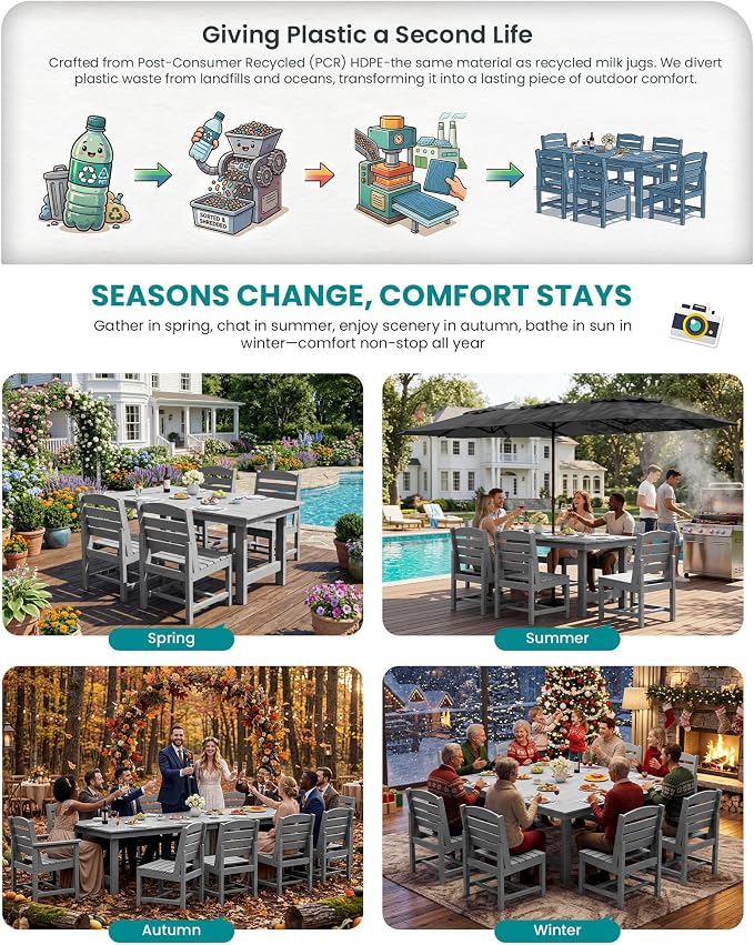 SERWALL Patio Dining Sets for 10 Person, HDPE Dining Set with 2 Tables, 8 Armless Chairs and 2 Armed Dining Chairs, Light Gray - Image 6