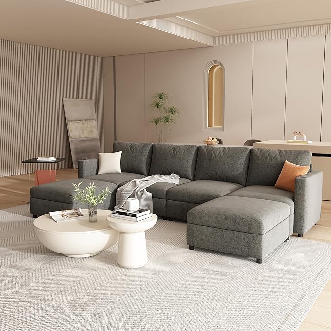 ERYE Oversized Chenille Upholstered Modular Storage Sectional Sofa Couch W/2 Movable Ottomans & Cupholders, U-Shaped Free Combined Sofa Couch Convertible Sleeper Sofabed for Living Room Apartment
