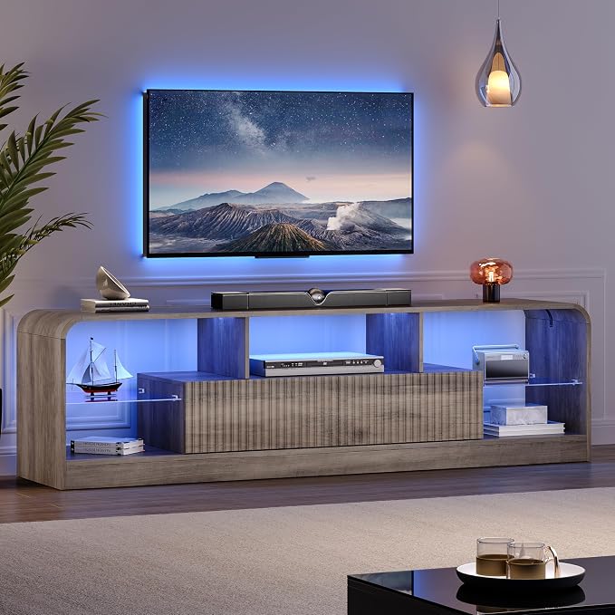 TV Stand for 60/65/70 Inch TVs, Modern Curved TV Console with LED Lights, 2 Drawers & Glass Shelves, Living Room Entertainment Center by ANYMAPLE